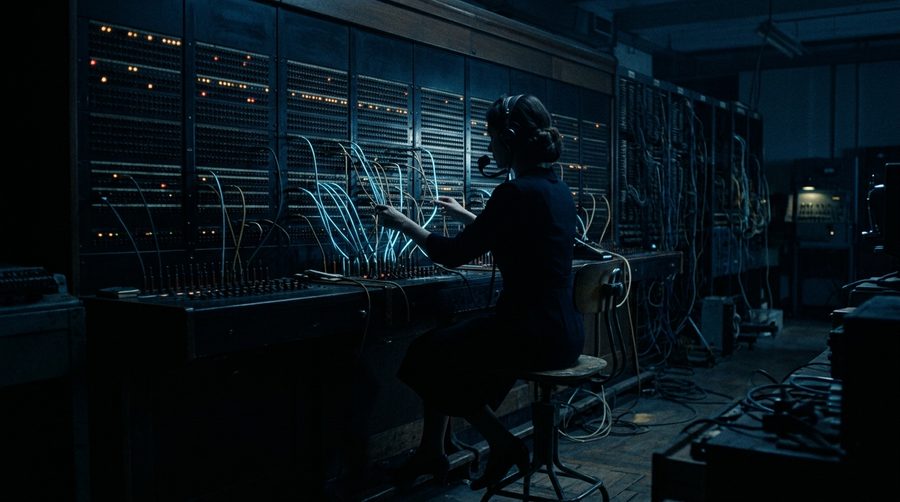 Siluet operator switchboard telepon dilihat dari belakang dengan kabel dan soket bercahaya biru di ruangan gelap